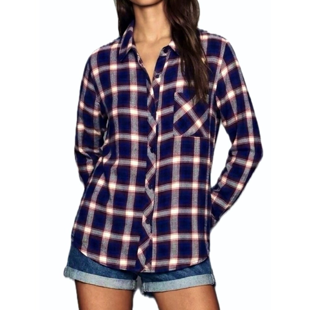 Rails Tartan Plaid Tunic Shirt Womens Size Small Rayon Long Sleeve Button Down